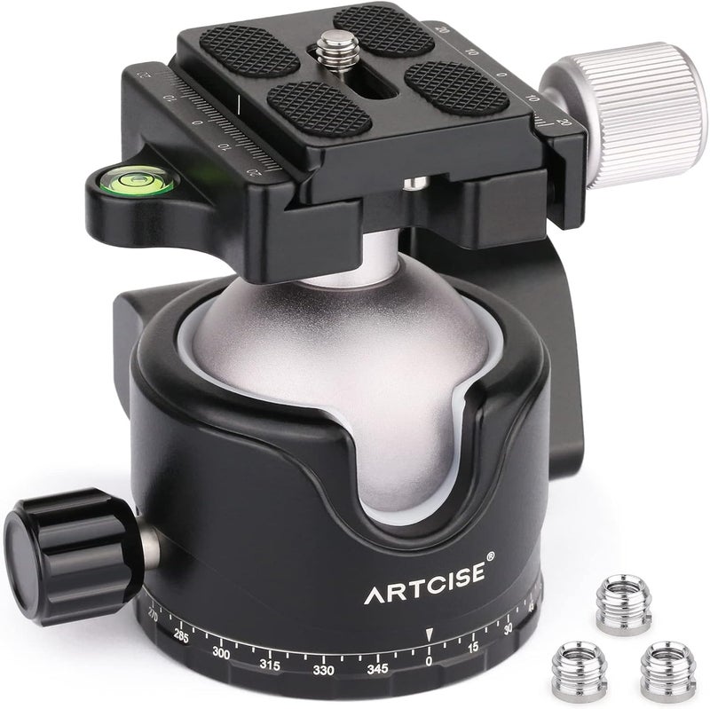 ARTCISE 46mm Low Profile Tripod Head with 3 Screw Adapter 3/8 to 1/4 Professional Aluminium 360 Rotating Panoramic Ball Head Max Loading 20kg - Image 1